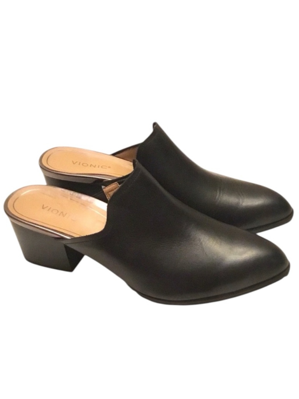 Vionic Mules Claremont Black Leather Slip-on Causal Clog Size-8.5